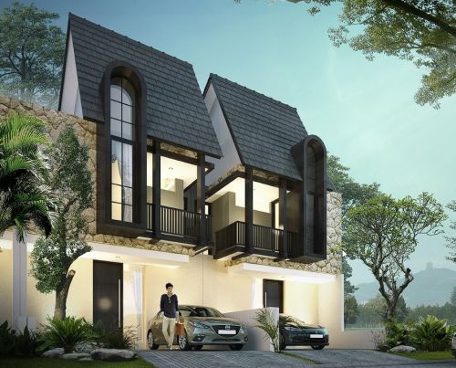 Fasad 2 Lantai Modern Tropis Type 60 - Batu Top View Residence