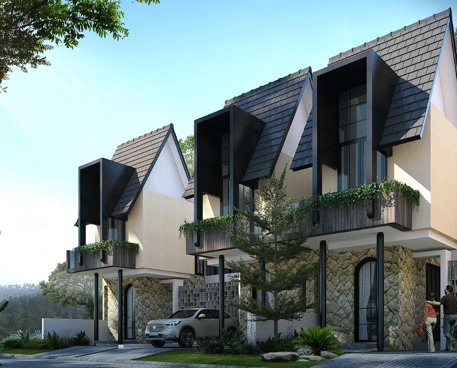 Fasad 2 Lantai Modern Tropis Type 80 - Batu Top View Residence
