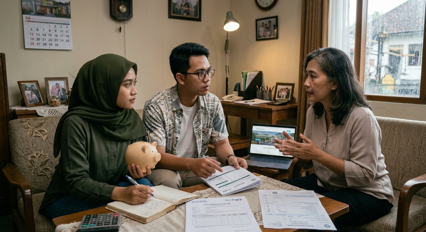 Pasangan muda membaca informasi KPR dan menabung untuk rumah pertama di Malang