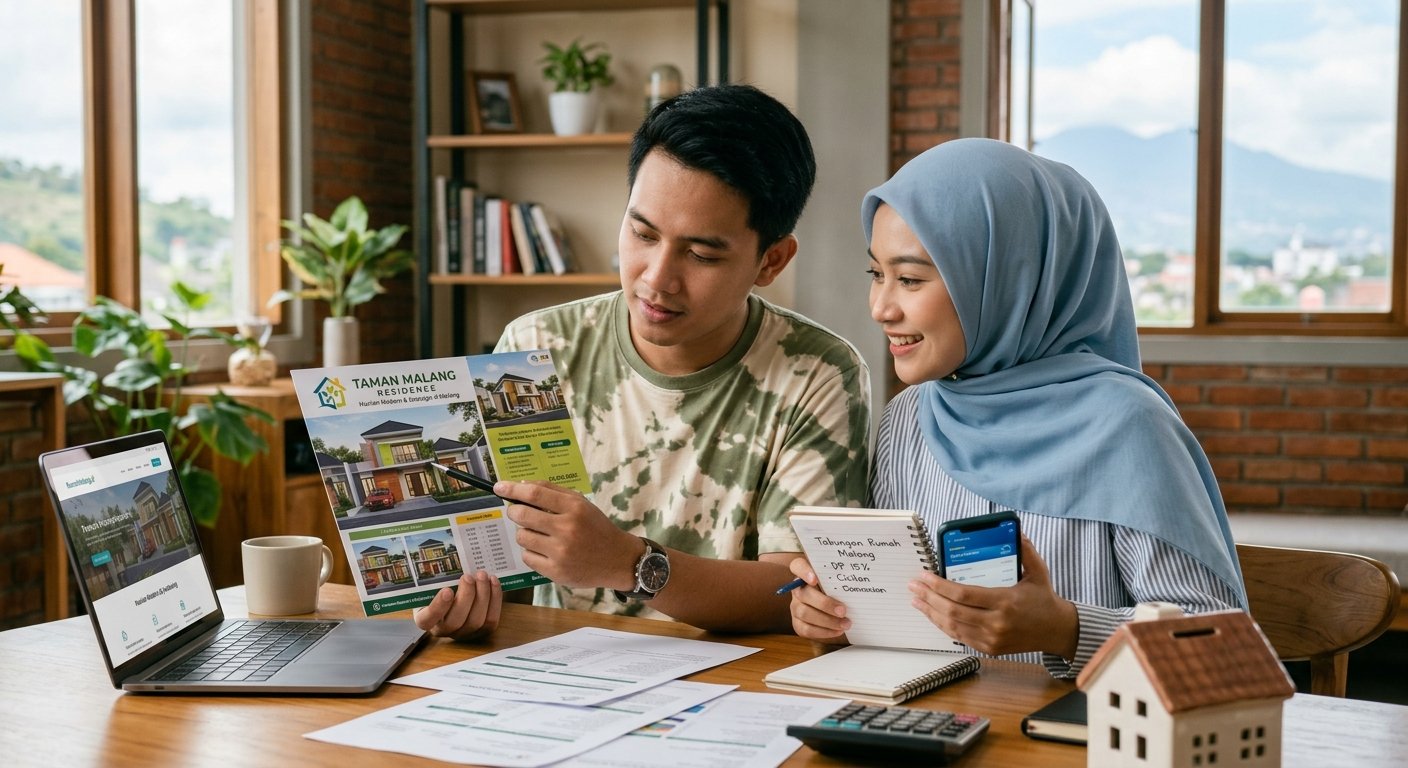 Ilustrasi anak muda dan keluarga muda merencanakan pembelian rumah pertama di Malang tanpa pinjol